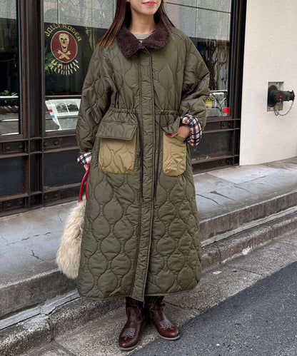 拼色翻領羊羔絨長款夾棉外套