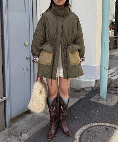 拼接羊羔絨拼色夾棉中長款外套