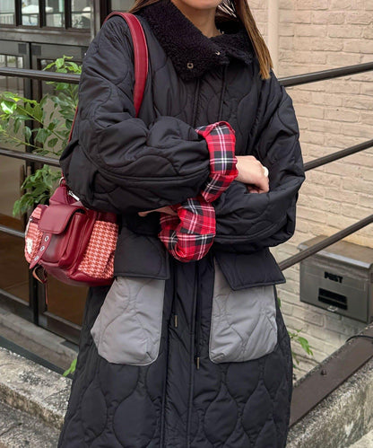 拼色翻領羊羔絨長款夾棉外套