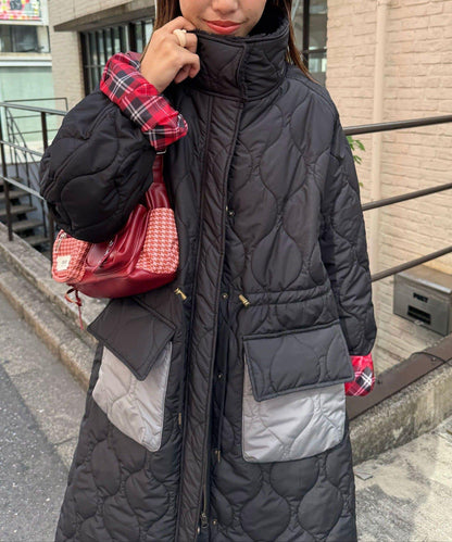 拼色翻領羊羔絨長款夾棉外套