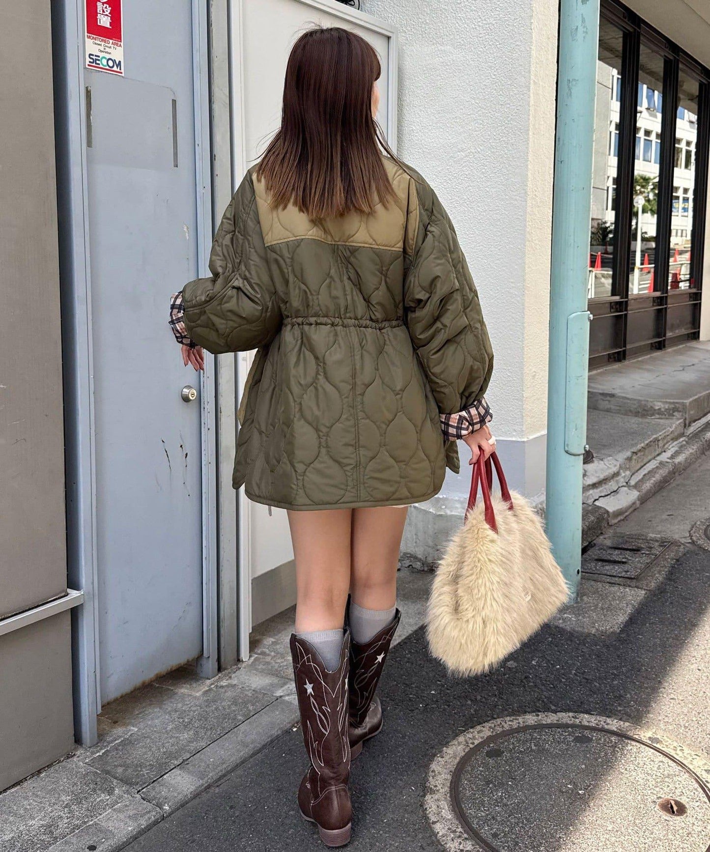 拼接羊羔絨拼色夾棉中長款外套