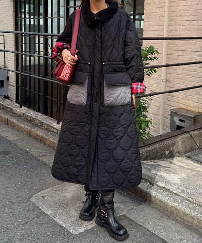 拼色翻領羊羔絨長款夾棉外套