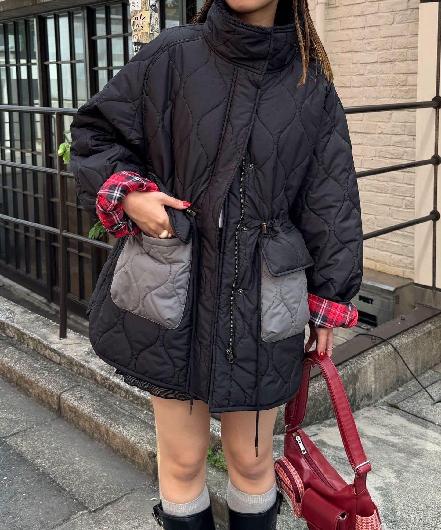 拼接羊羔絨拼色夾棉中長款外套