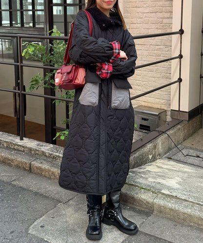 拼色翻領羊羔絨長款夾棉外套