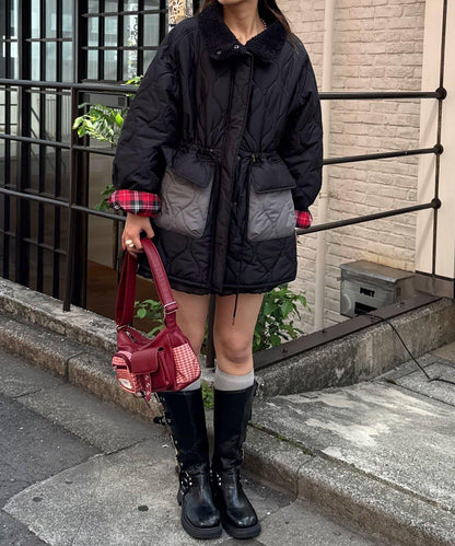 拼接羊羔絨拼色夾棉中長款外套