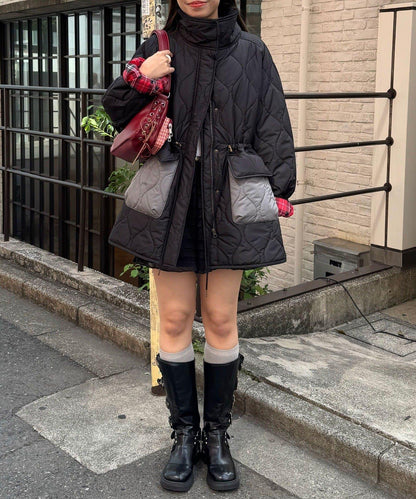 拼接羊羔絨拼色夾棉中長款外套