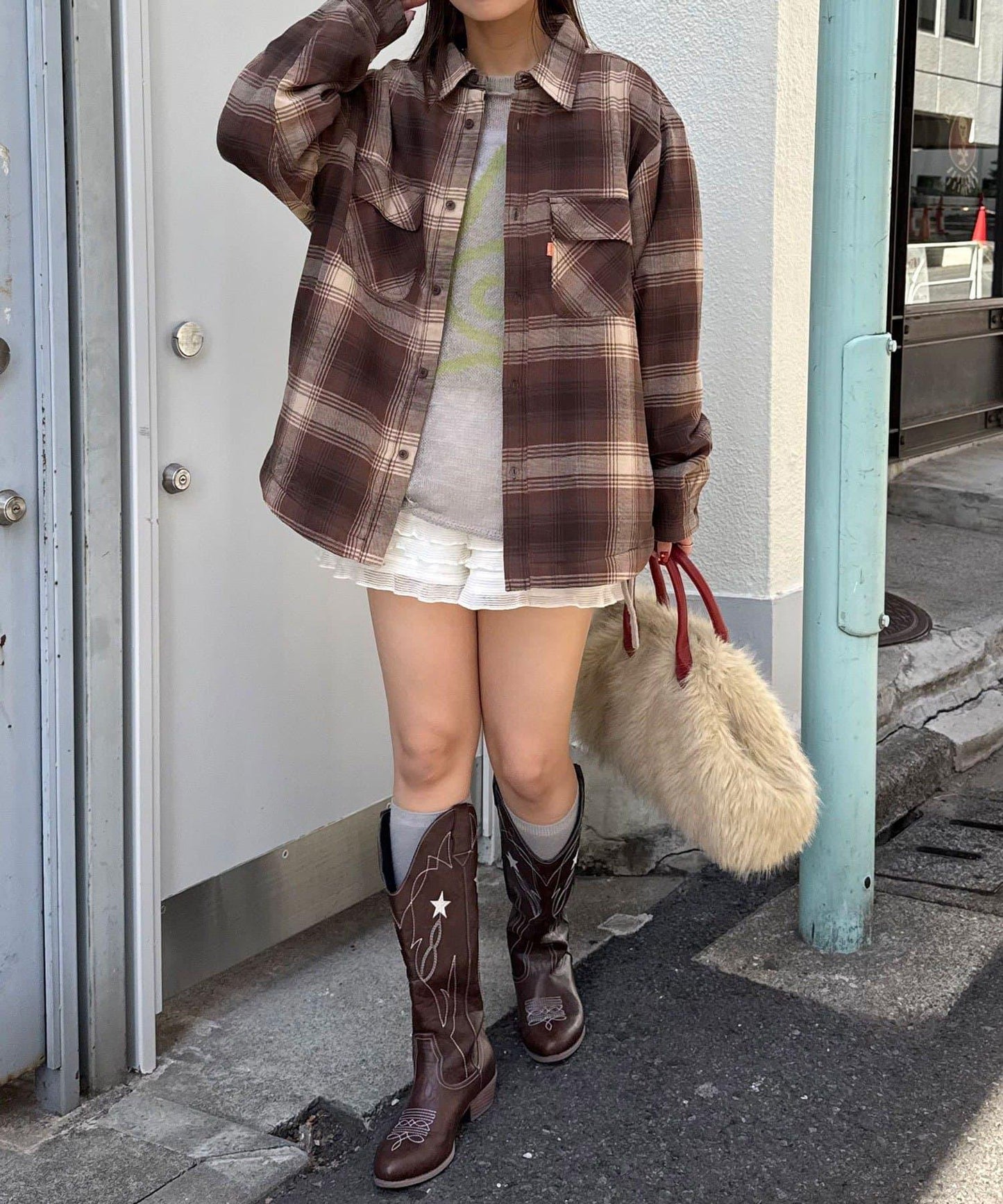 拼色格紋襯衫夾克