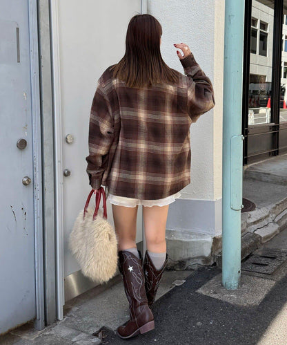 拼色格紋襯衫夾克