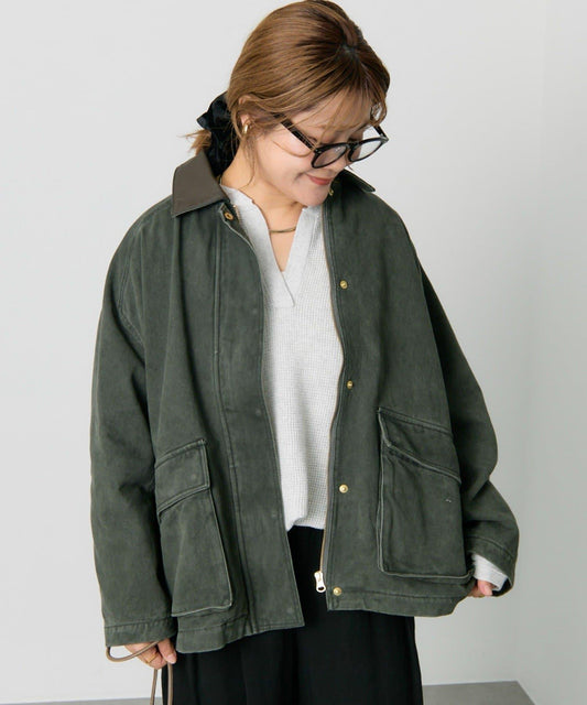 仿皮革翻領工裝夾克