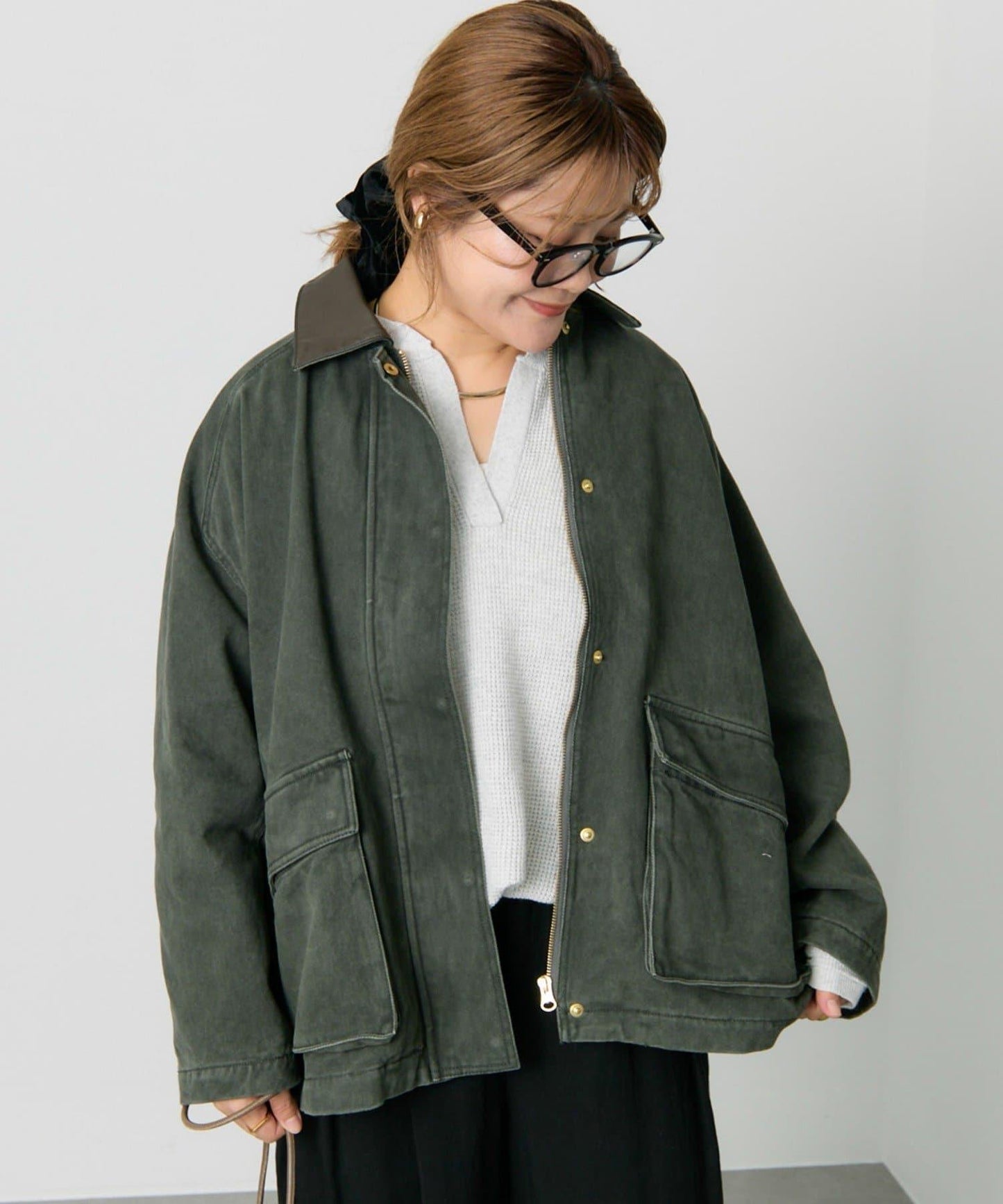 仿皮革翻領工裝夾克