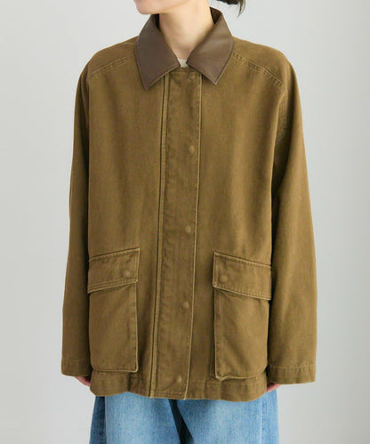 仿皮革翻領工裝夾克