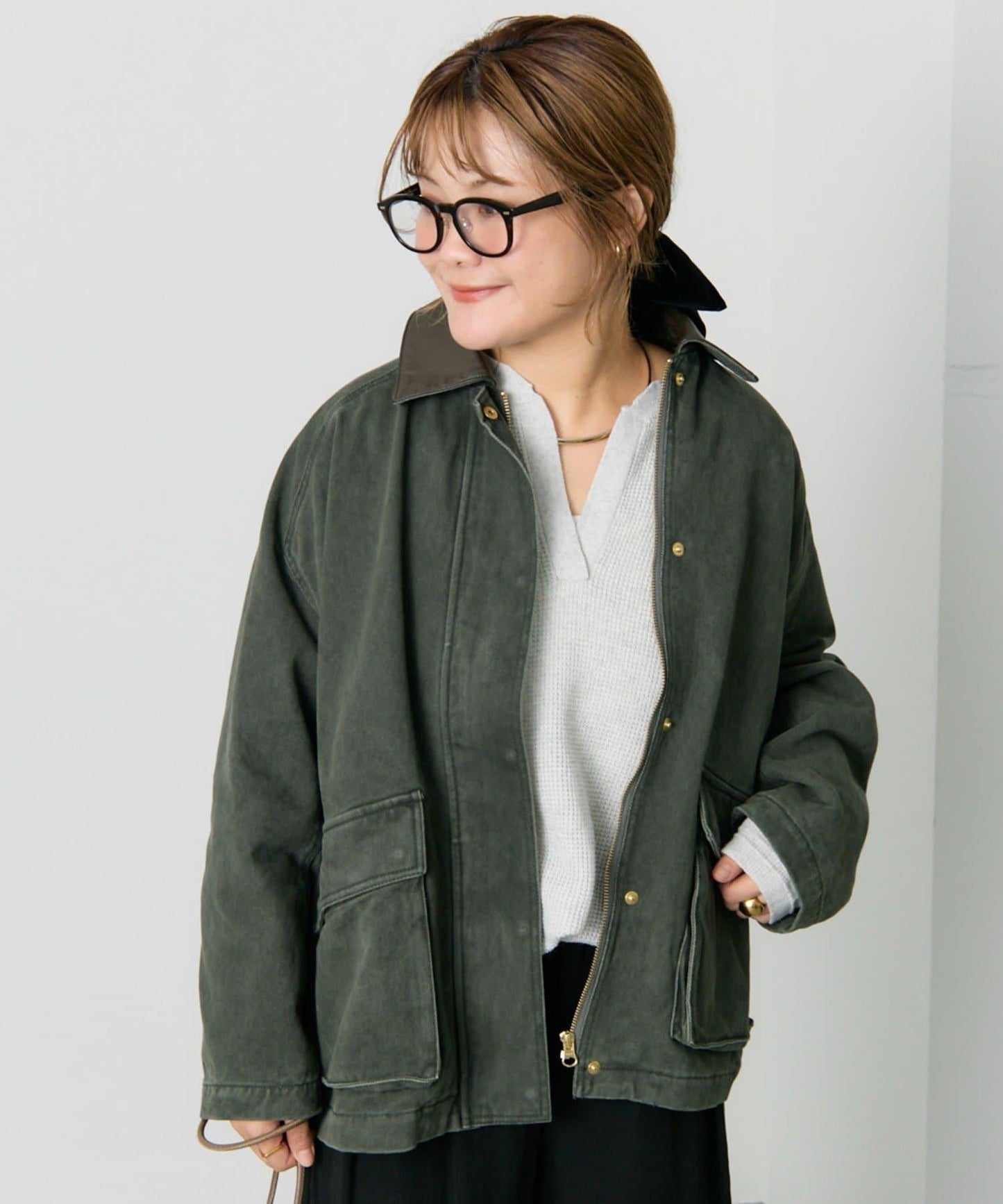 仿皮革翻領工裝夾克