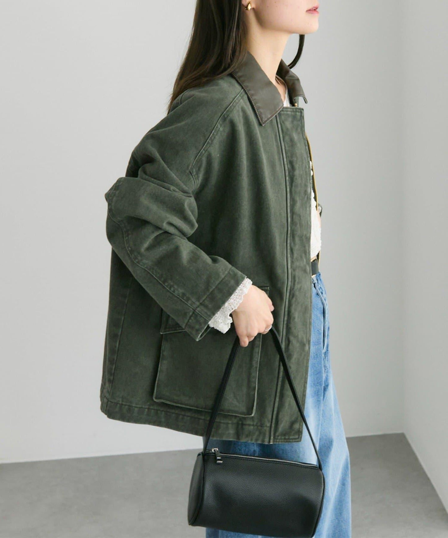 仿皮革翻領工裝夾克