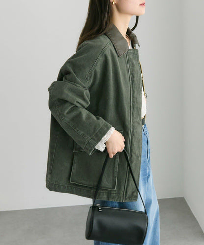 仿皮革翻領工裝夾克