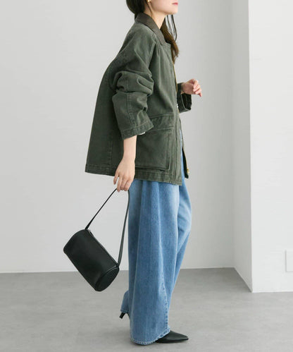 仿皮革翻領工裝夾克