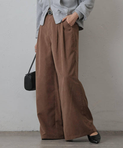 桃皮絨雙褶寬腿褲