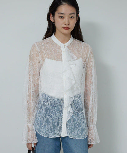 透視蕾絲荷葉邊襯衫