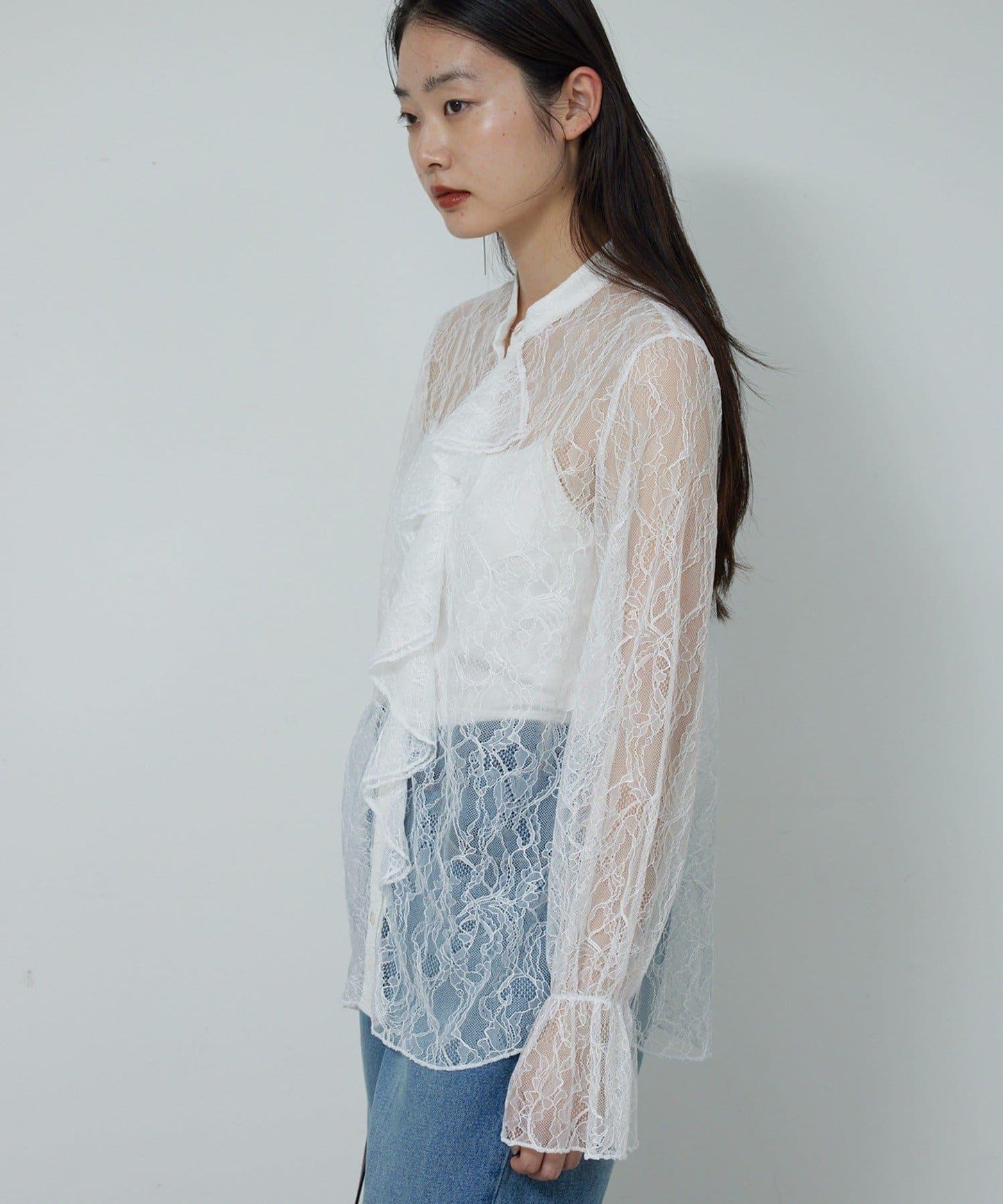 透視蕾絲荷葉邊襯衫