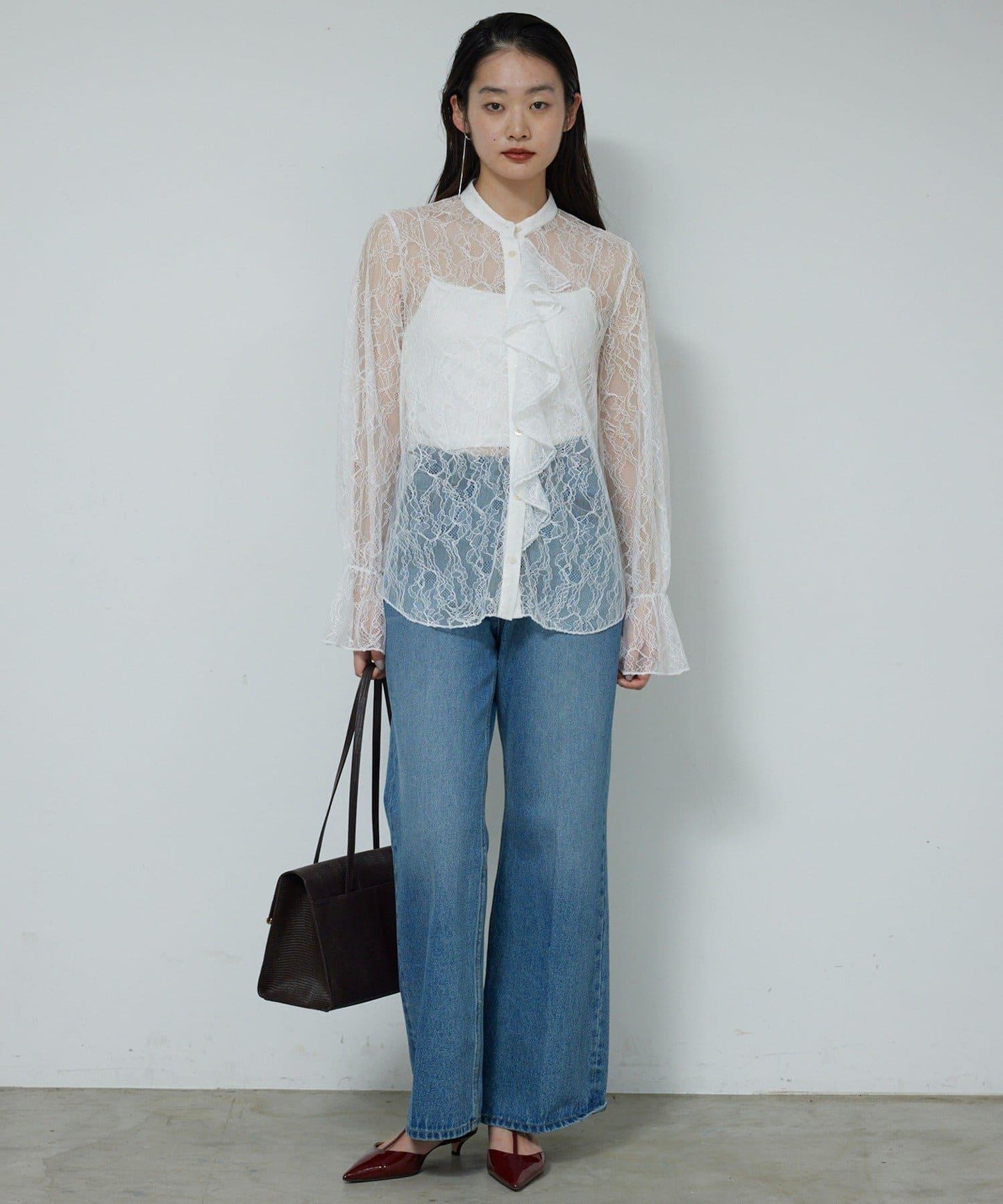 透視蕾絲荷葉邊襯衫