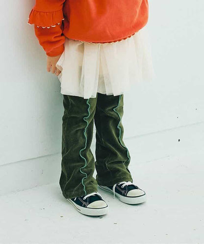 拼色波浪邊彈力針織燈芯絨褲