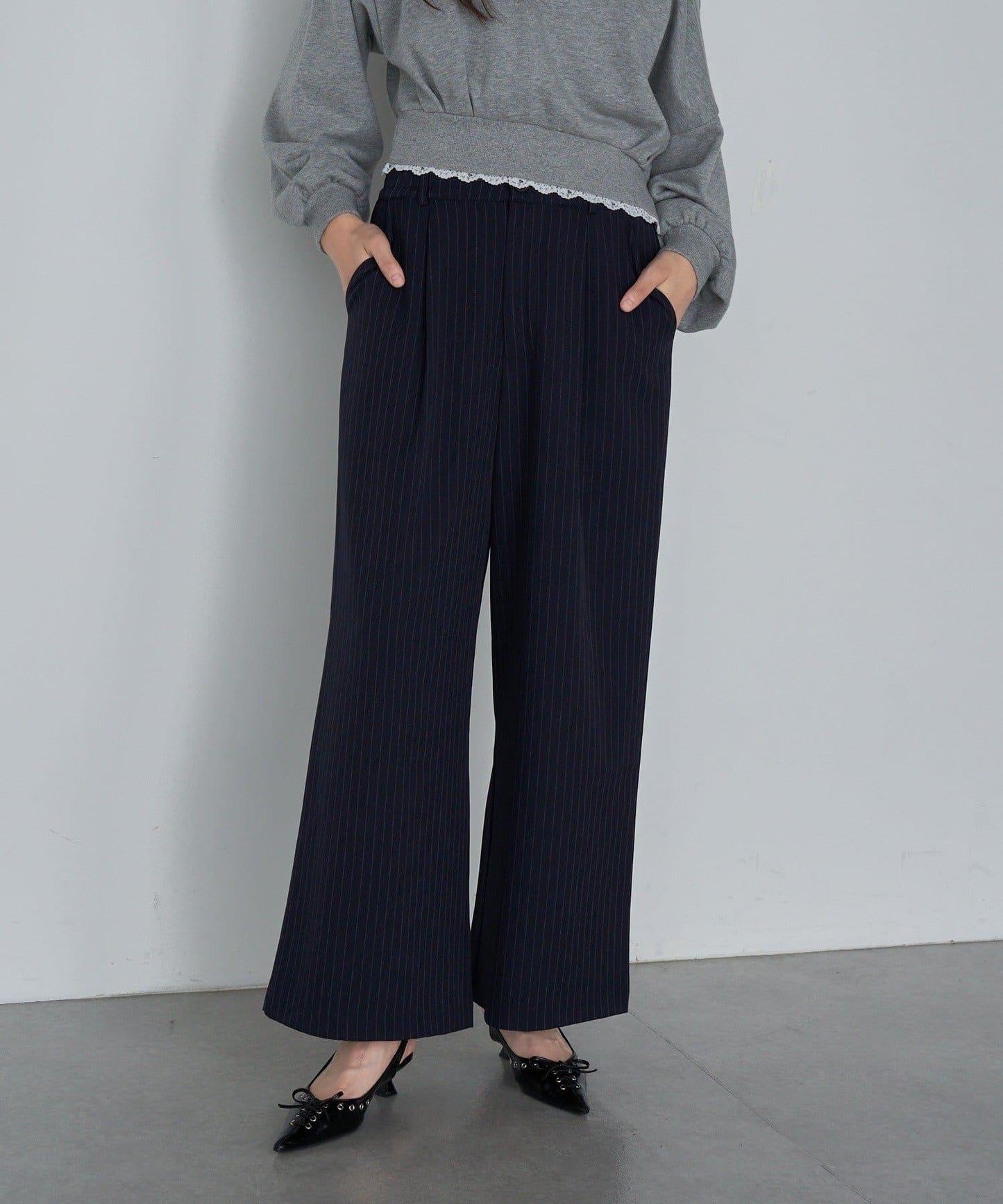 【RAY CASSIN】帶荷葉邊腰帶寬鬆休閒長褲