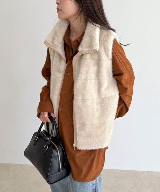 條紋絎縫毛絨馬甲