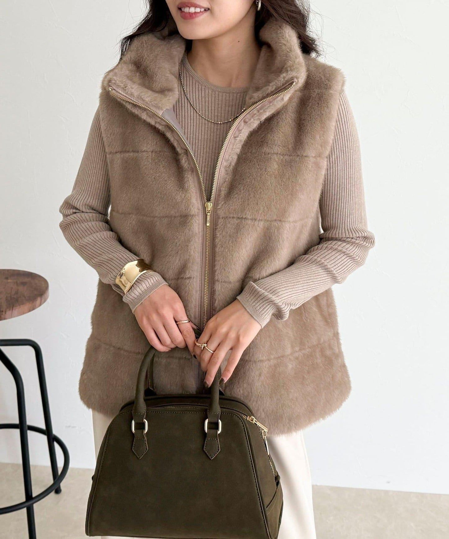 條紋絎縫毛絨馬甲