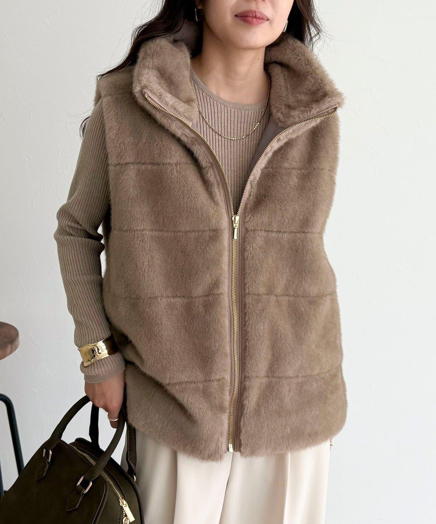 條紋絎縫毛絨馬甲