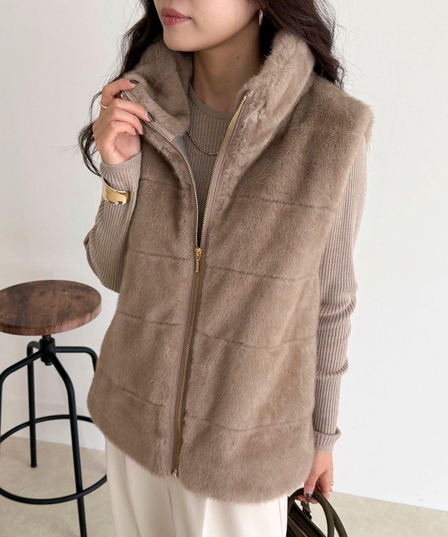 條紋絎縫毛絨馬甲