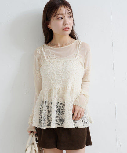 羽毛感蕾絲吊帶背心