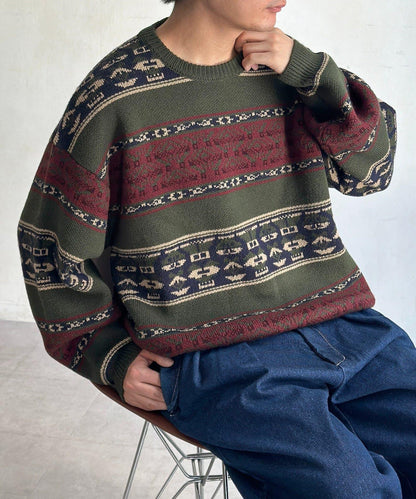 復古條紋提花針織套頭衫