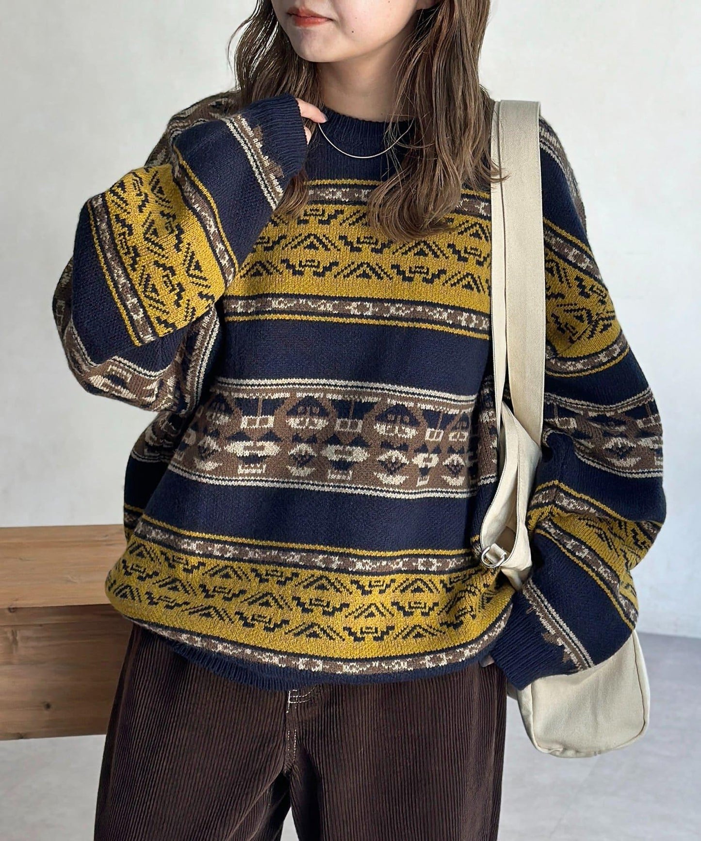 復古條紋提花針織套頭衫