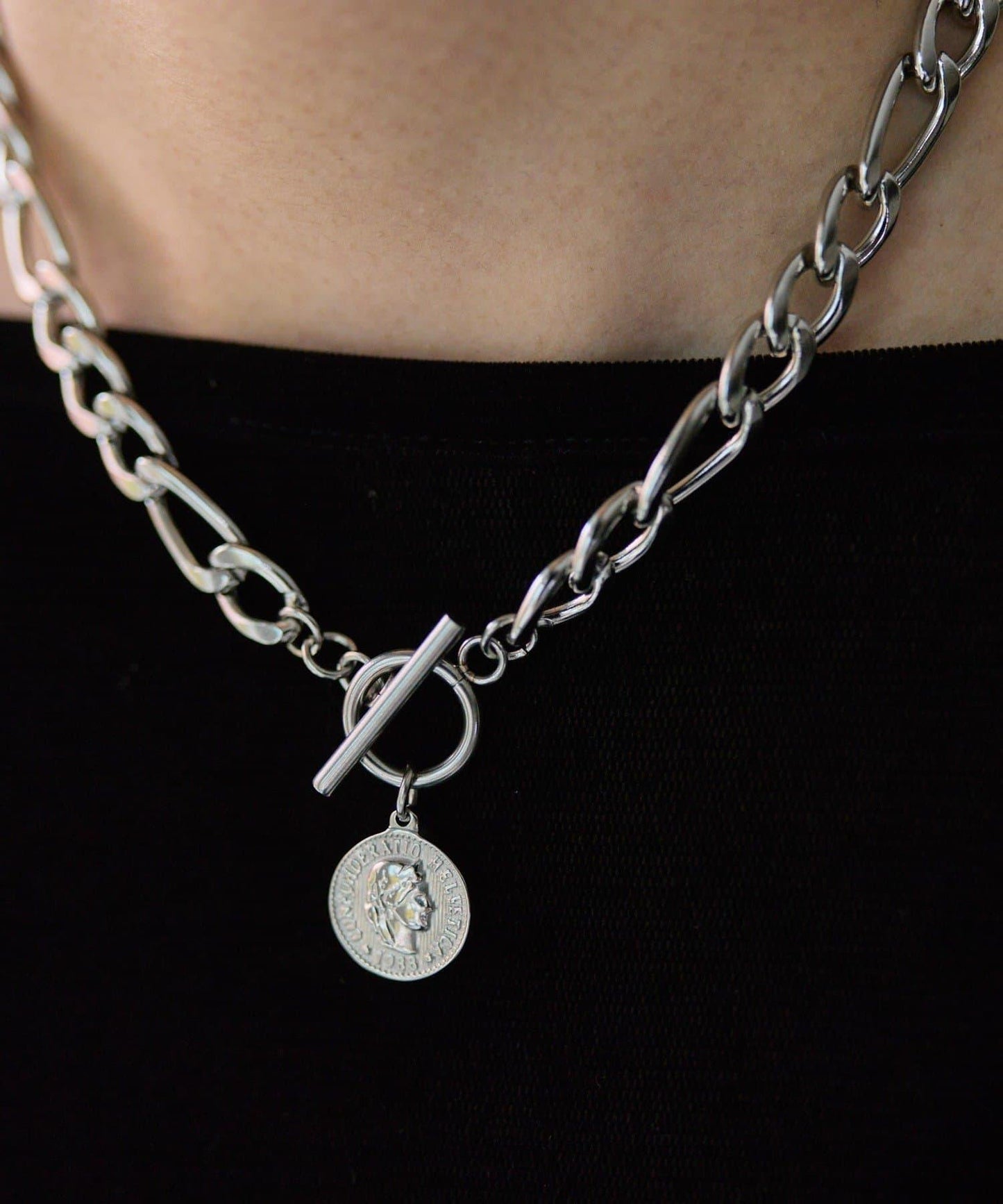 金屬過敏適用/不鏽鋼 帶硬幣吊墜菲加羅鏈項鍊