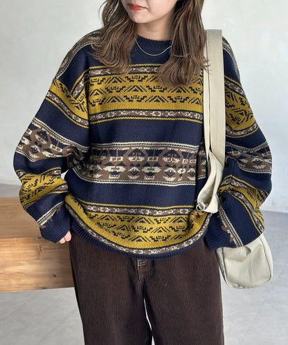 復古條紋提花針織套頭衫