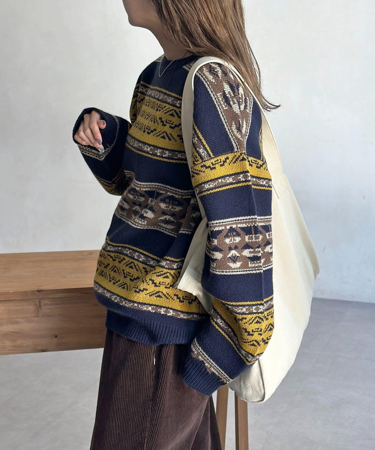 復古條紋提花針織套頭衫