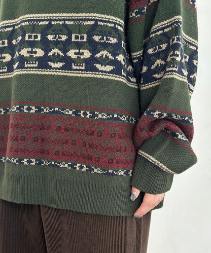 復古條紋提花針織套頭衫