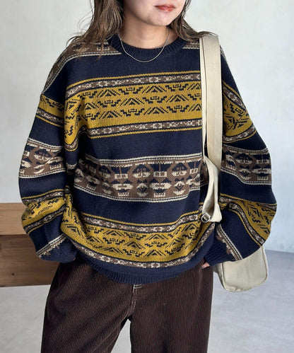 復古條紋提花針織套頭衫