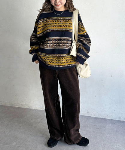 復古條紋提花針織套頭衫