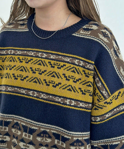 復古條紋提花針織套頭衫