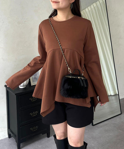 不規則下襬弧形荷葉邊長袖T恤