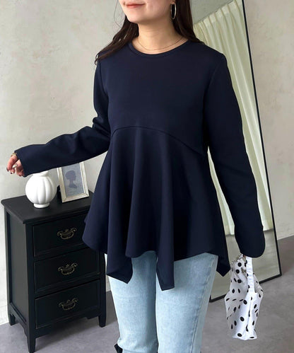 不規則下襬弧形荷葉邊長袖T恤