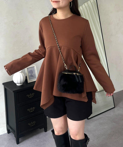 不規則下襬弧形荷葉邊長袖T恤