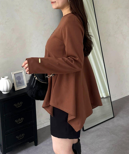 不規則下襬弧形荷葉邊長袖T恤