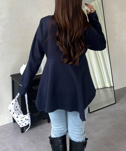 不規則下襬弧形荷葉邊長袖T恤