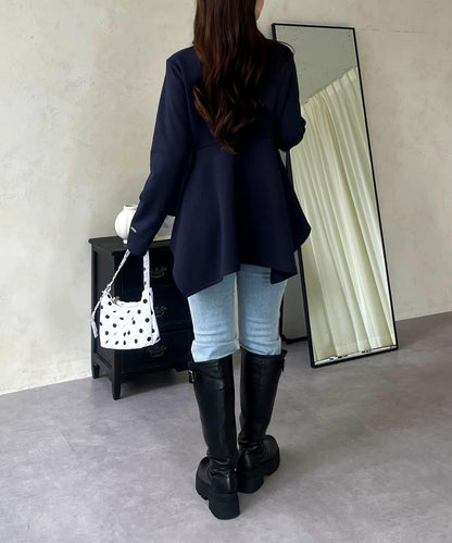 不規則下襬弧形荷葉邊長袖T恤