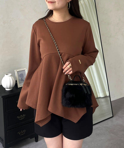 不規則下襬弧形荷葉邊長袖T恤