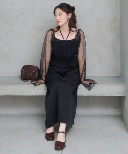 荷葉邊薄紗拼接繫帶連衣裙套裝