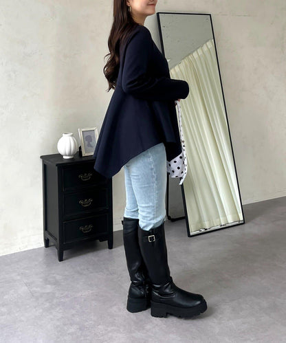 不規則下襬弧形荷葉邊長袖T恤