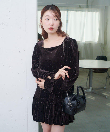 天鵝絨鉚釘裝飾迷你連衣裙