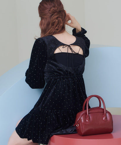 天鵝絨鉚釘裝飾迷你連衣裙